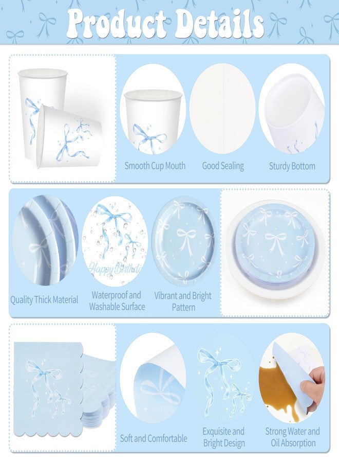 THAWAY Blue Bow Birthday Party Supplies, 220Pcs Coquette Birthday Decorations Includes Bow Plates Napinks Cups Straws Cutlery Tablecloths Banners and Balloons Blue Bow Theme Tableware Serves 24 Guests - Image 3